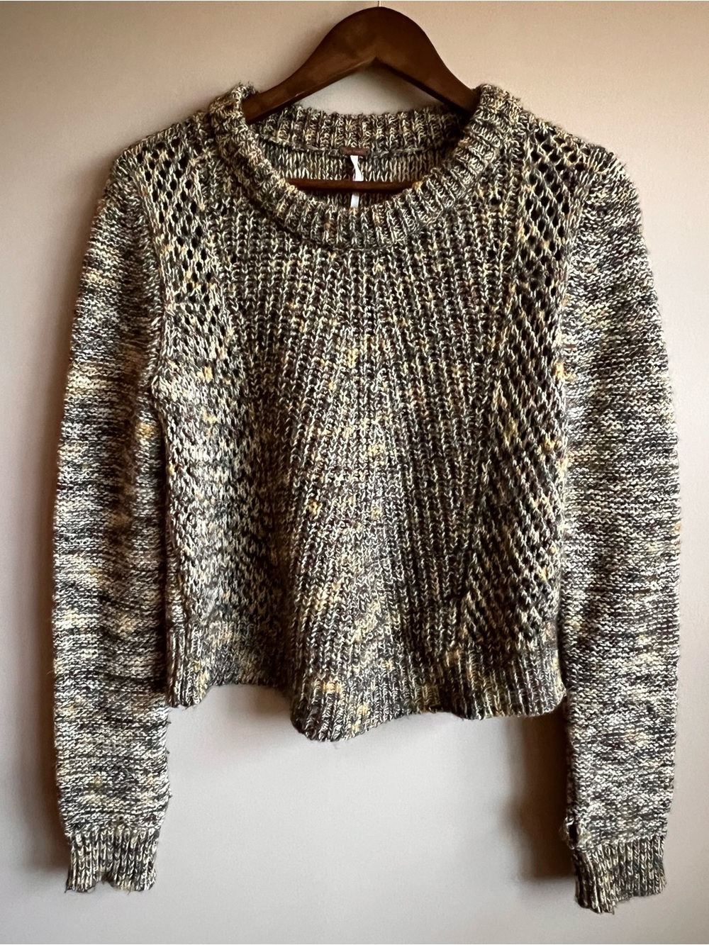 Free People Open Knit Crop Sweater Thumb Holes Boho Slouchy Pullover